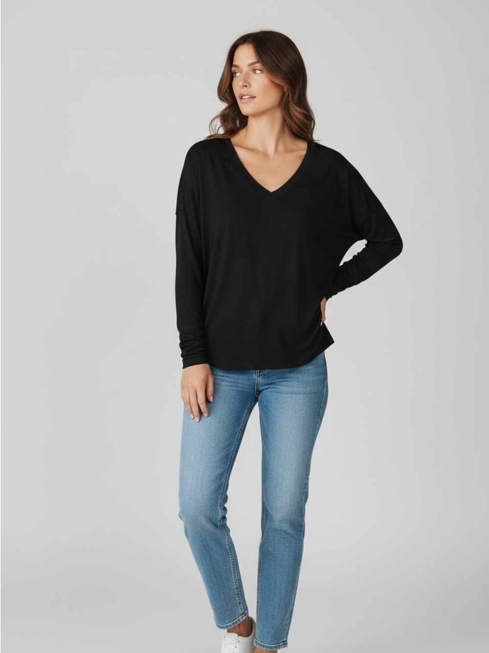 Nordstrom Women’s Size Large V Neck Solid Black Modal/Spandex  Tee